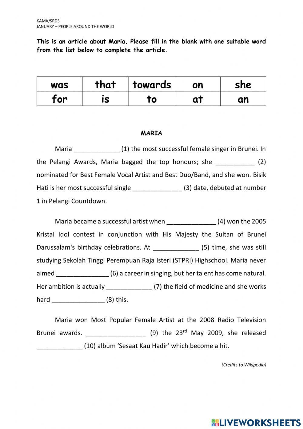 Cloze passage - maria