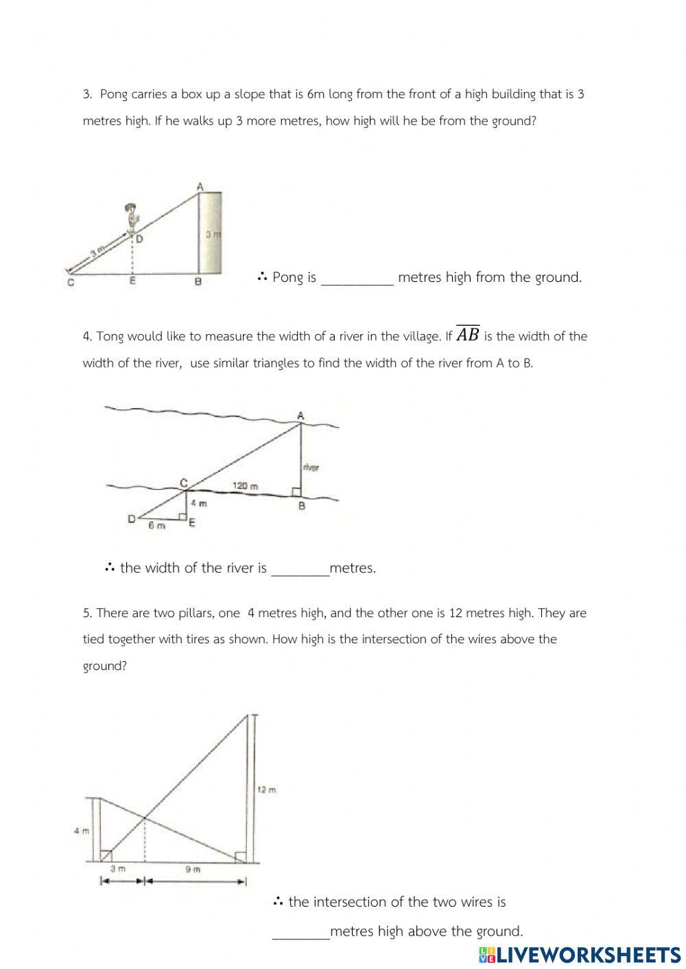 Worksheet 4.5 Word Problems involving similar triangles