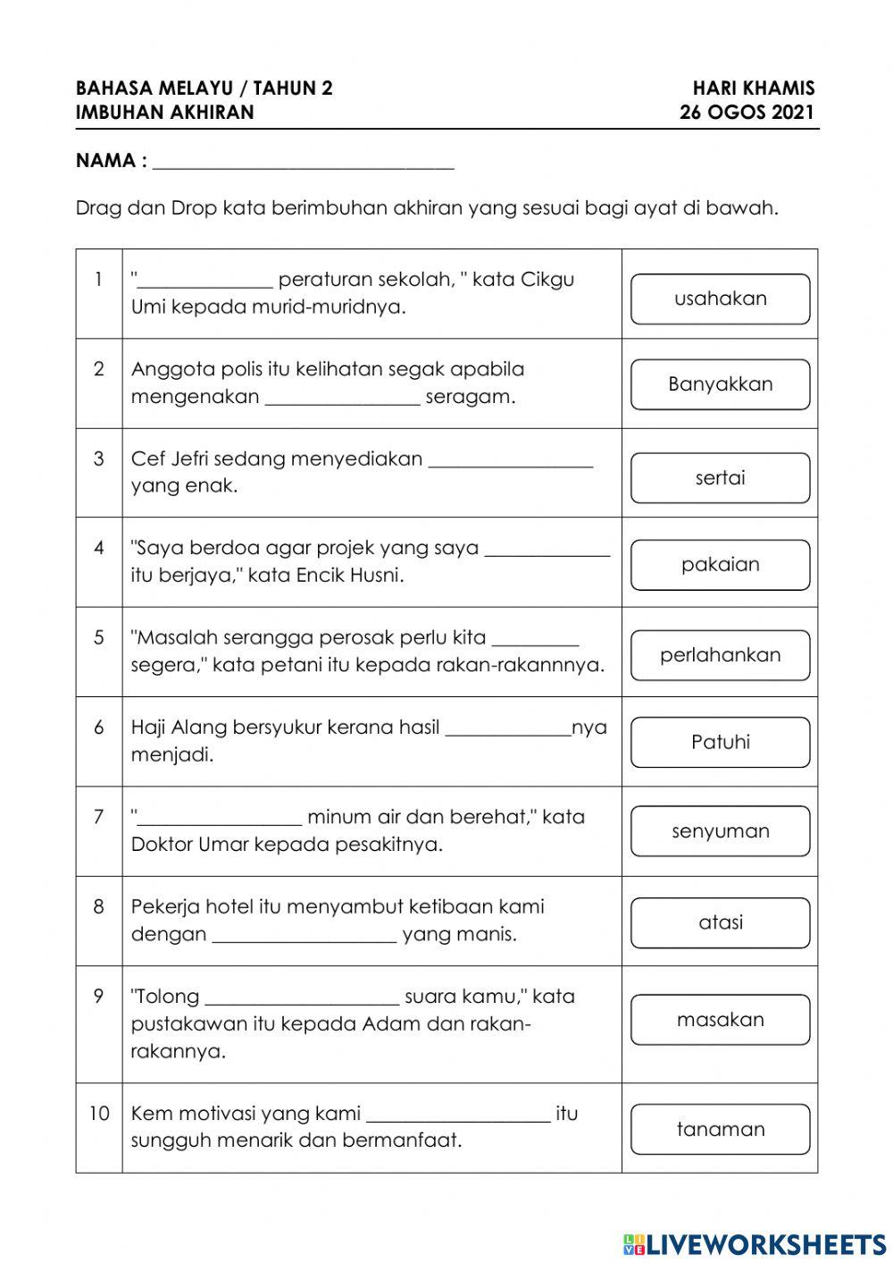 Pdf online activity: Imbuhan Akhiran | Live Worksheets