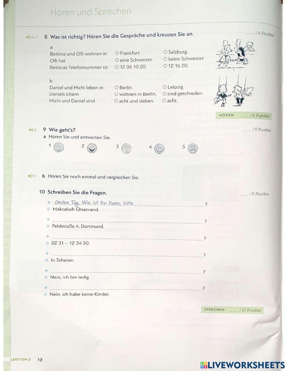 Test zu Lektion 2 - Intensivtrainer A1.1 Schitte Plus neu