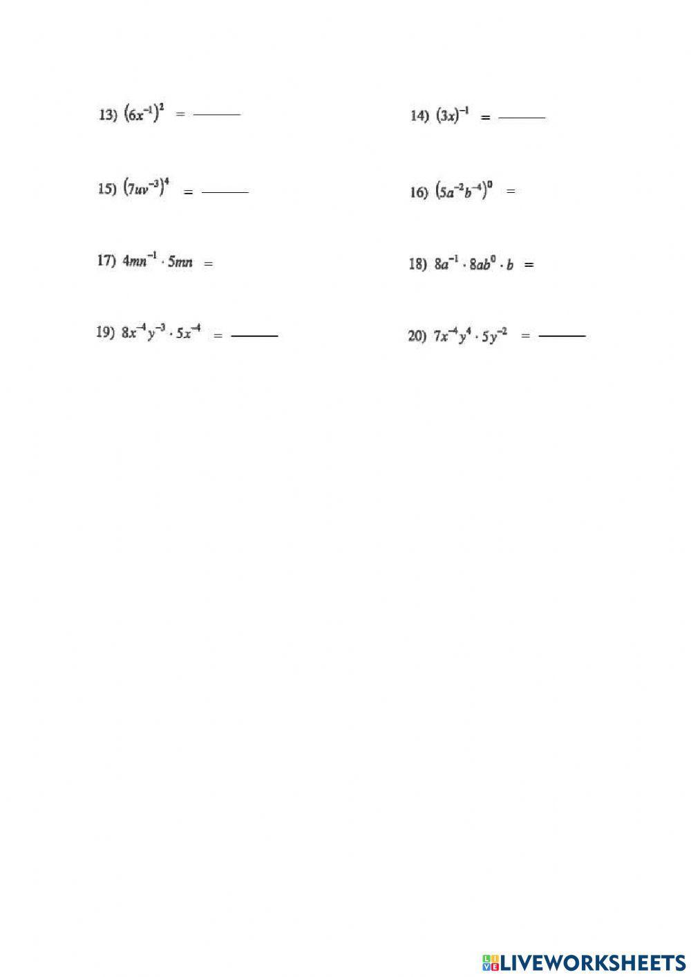 Worksheet 4.5 Exponents Review