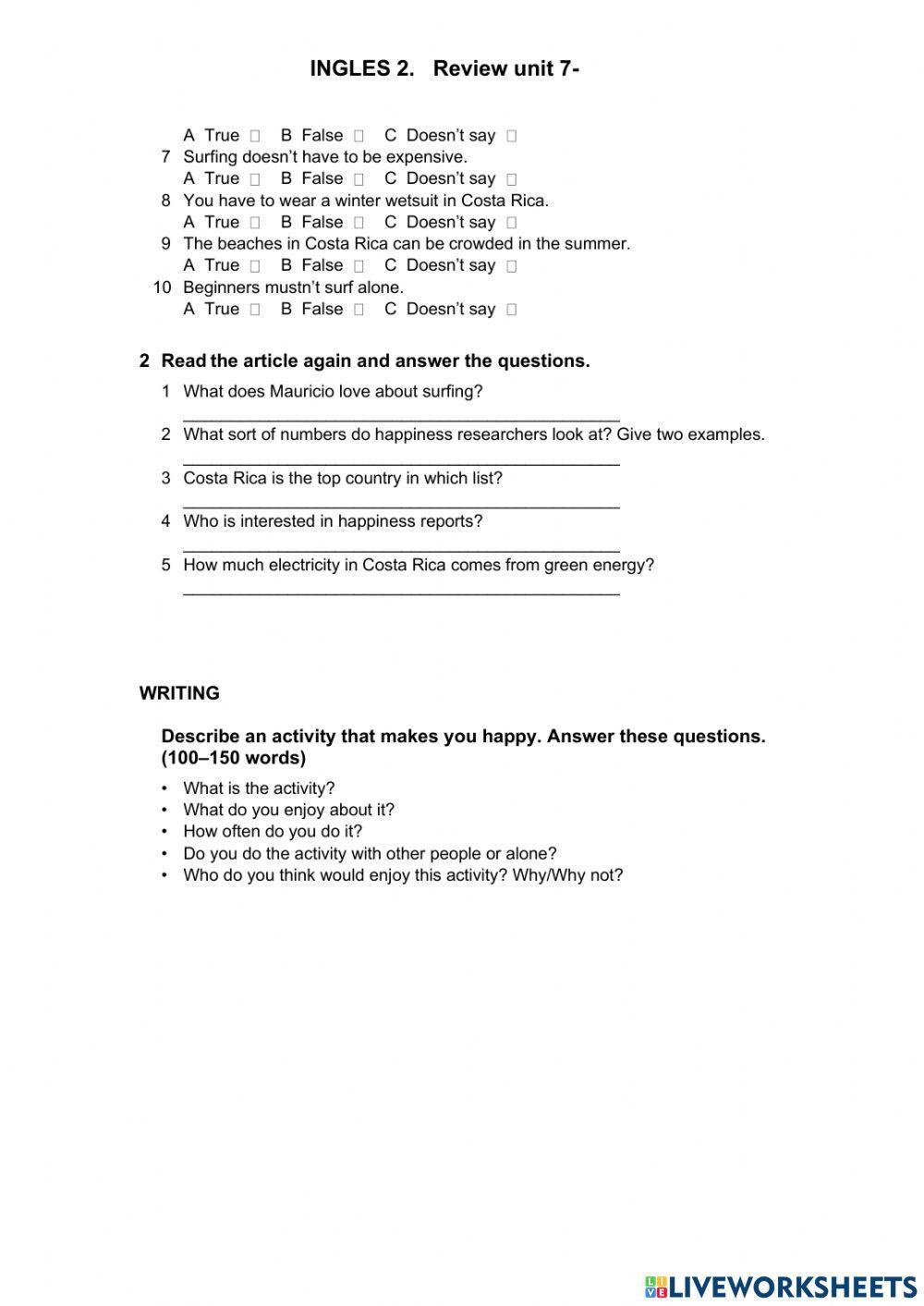 Inglés 2. Review unit 7