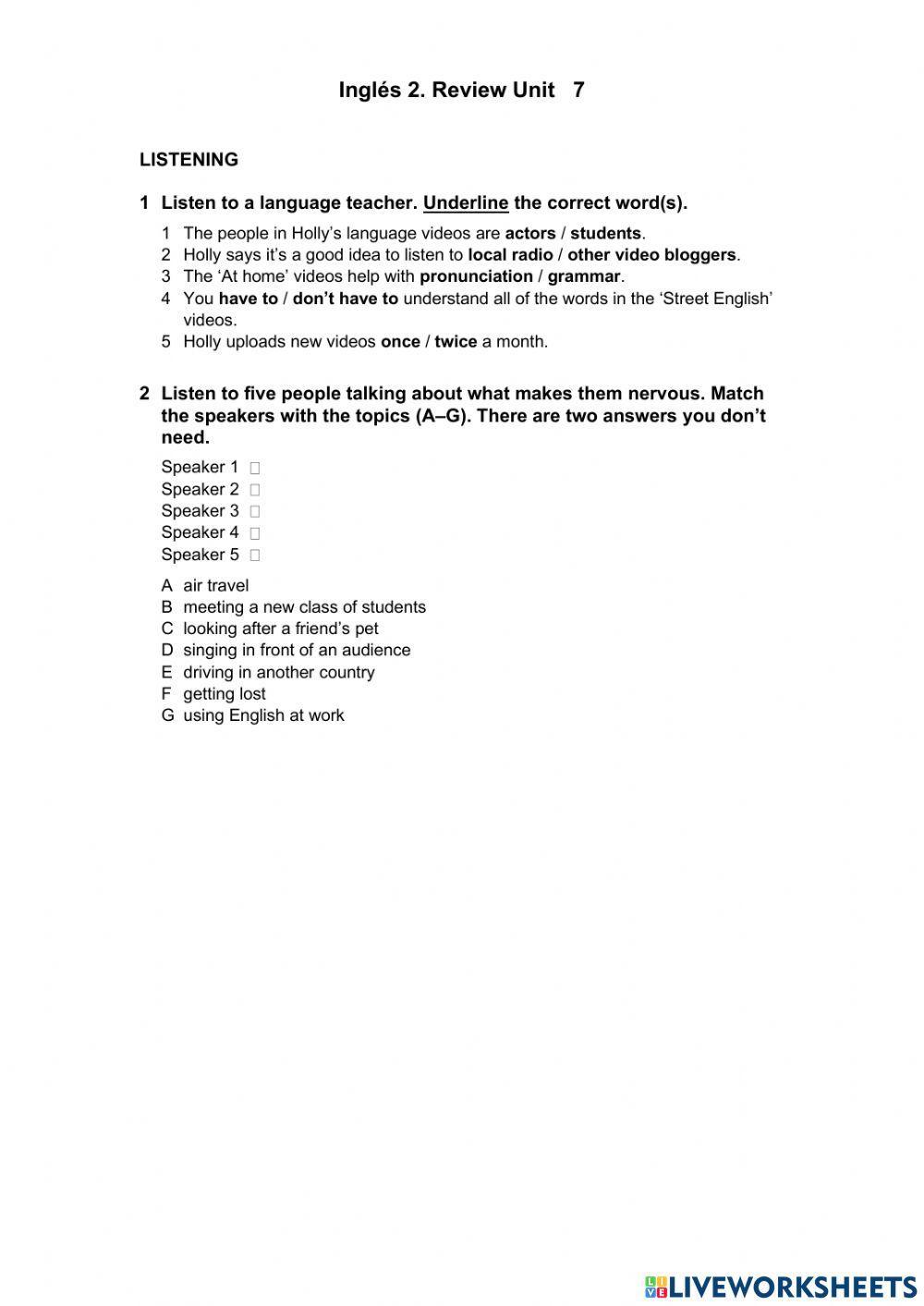 Inglés 2. Review unit 7