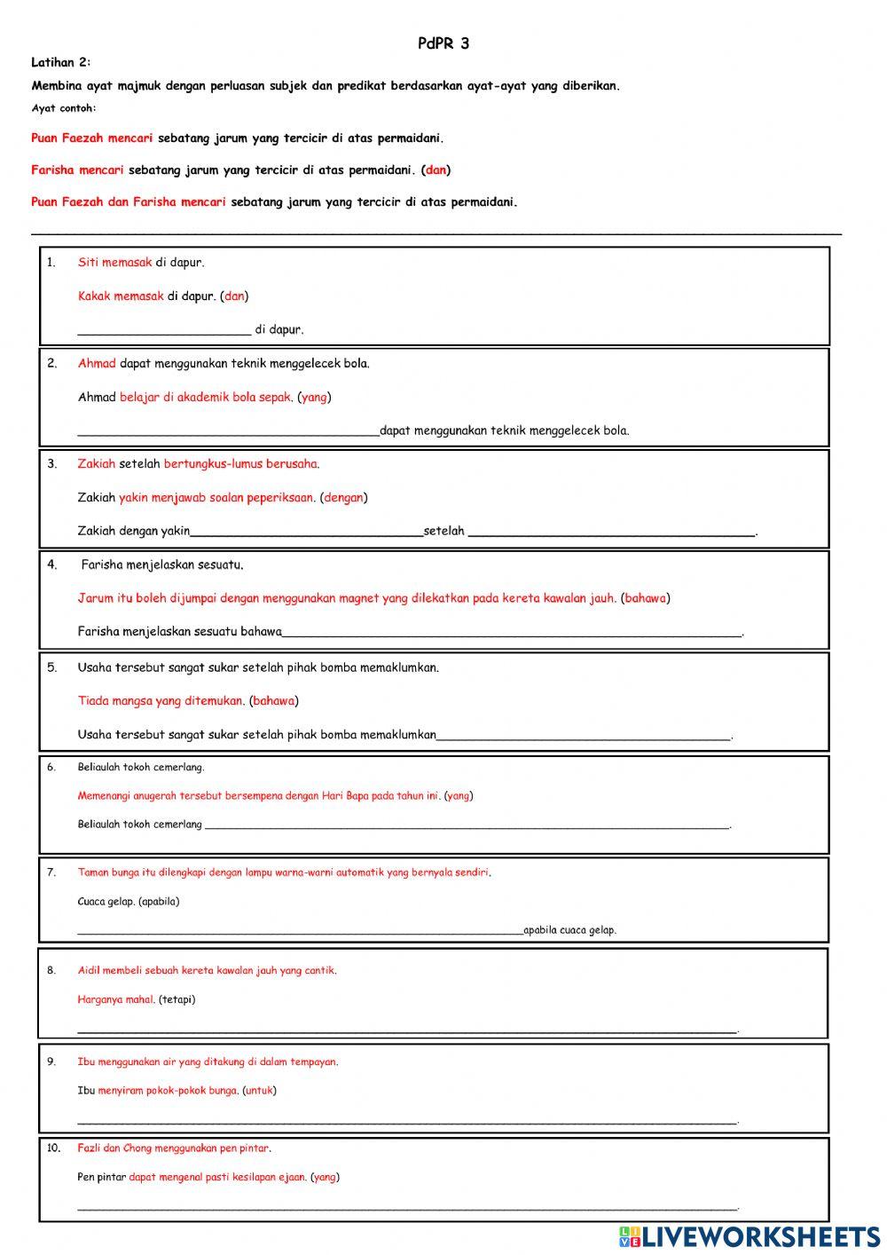 Latihan 2 : Perluasan Subjek dan Prediket dalam Ayat Majmuk