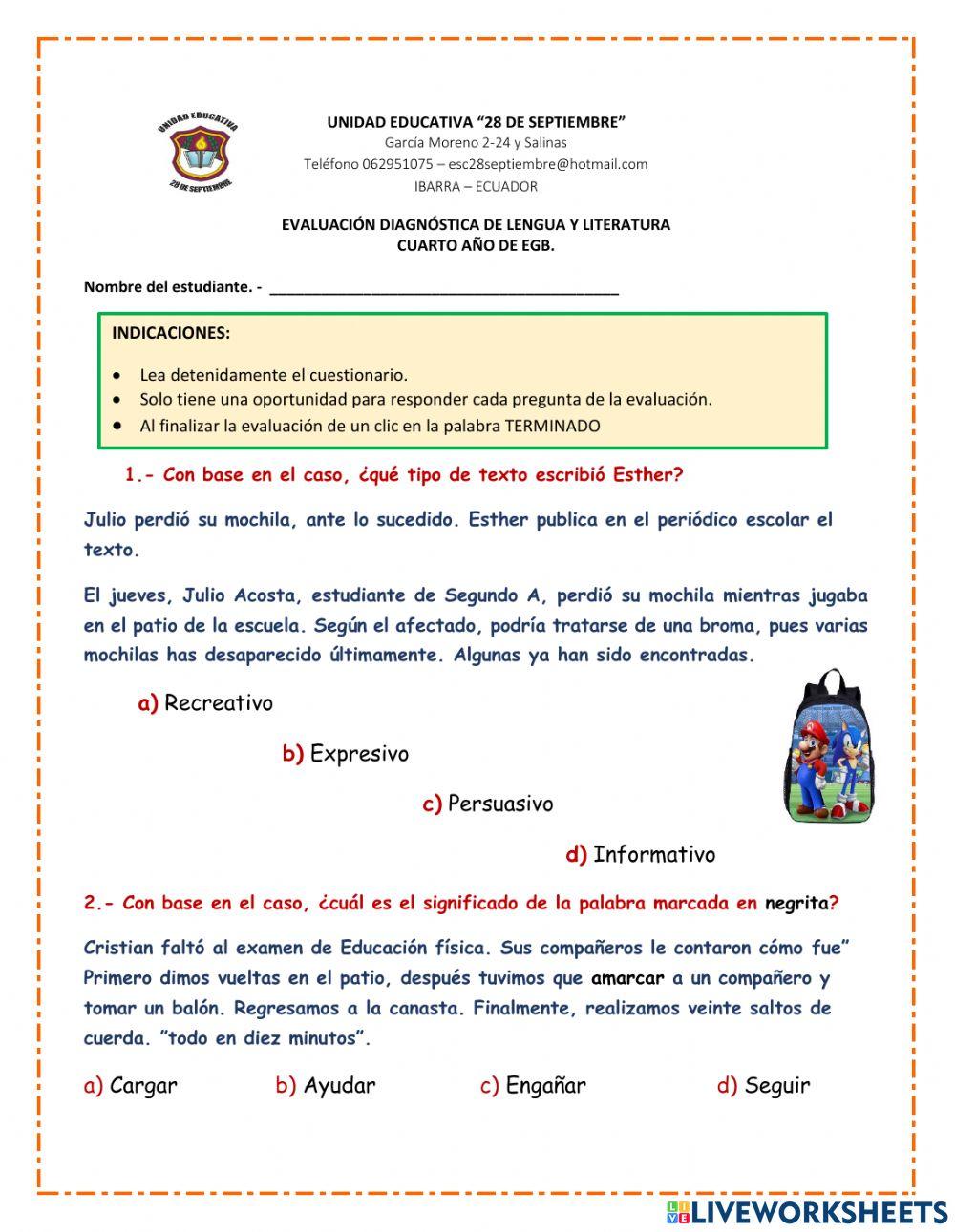 Evaluación diagnóstica de lengua 4