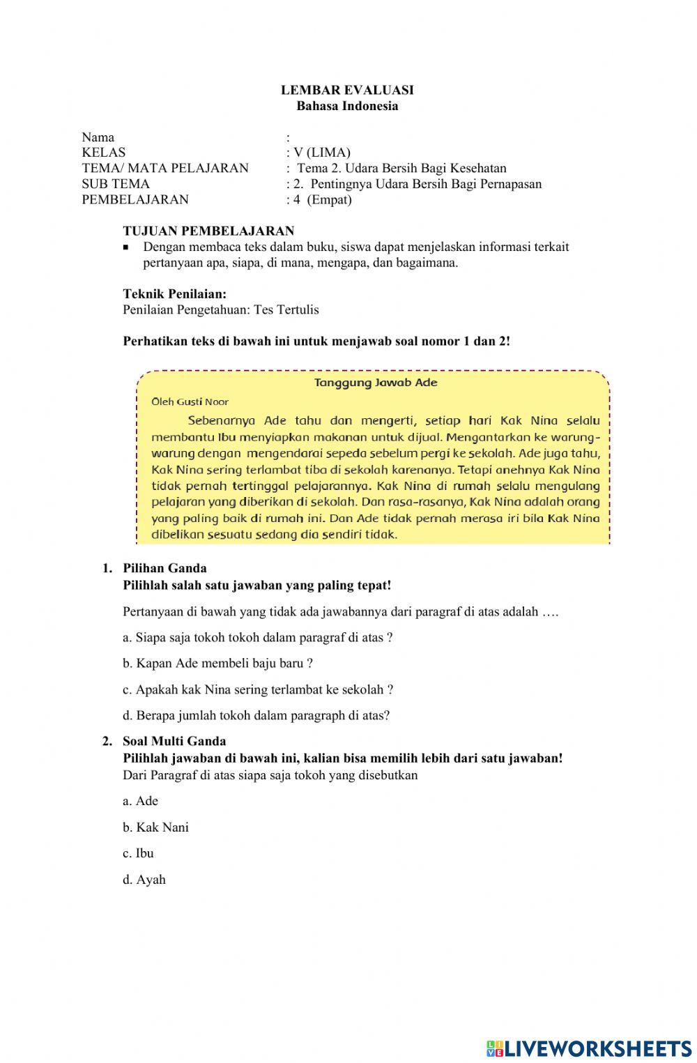 Lembar Evaluasi Bahasa Indonesia