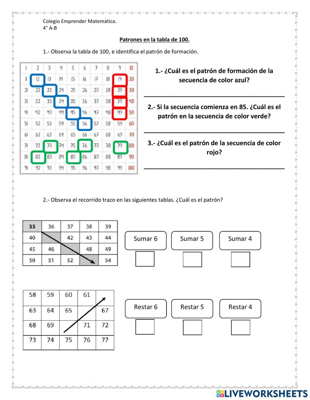 Patrones tabla de 100 Patrones tabla de 100