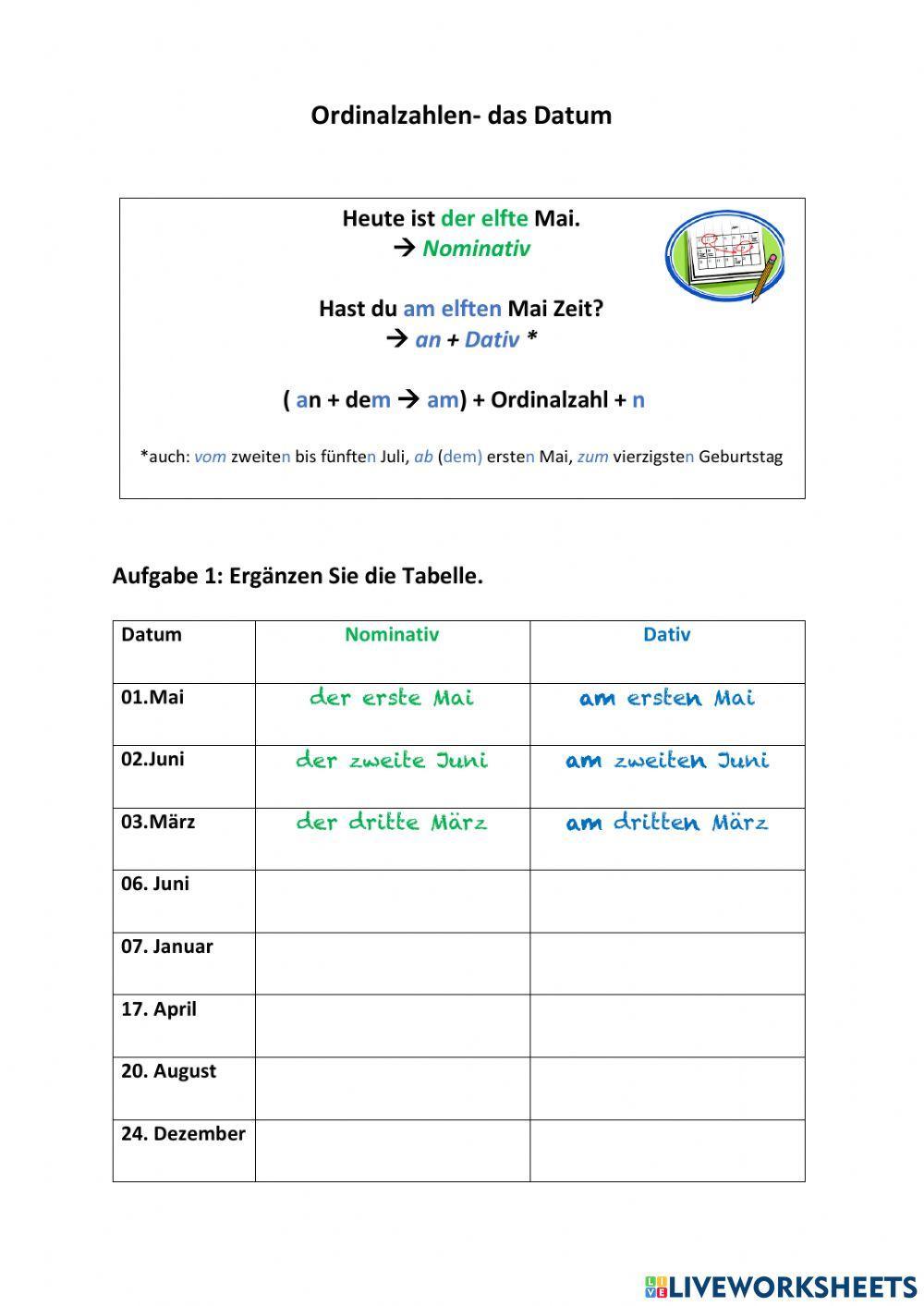 Ordinalzahlen- Datum
