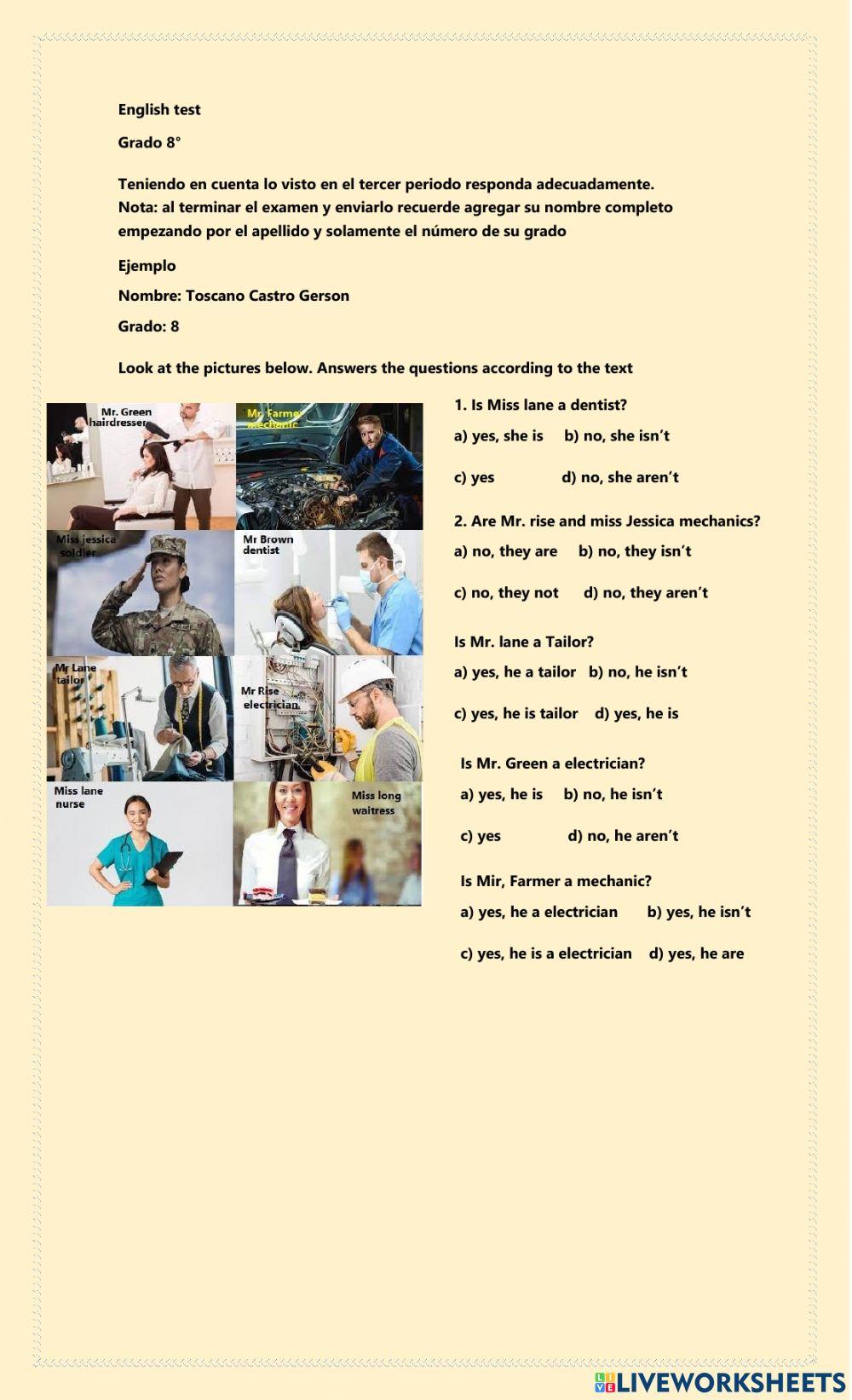 Grado 8: english test