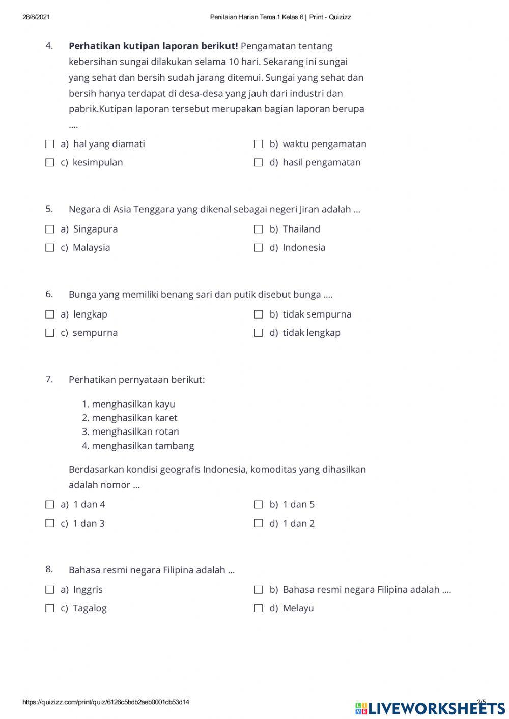Penilaian Harian Tema 1 Kelas 6