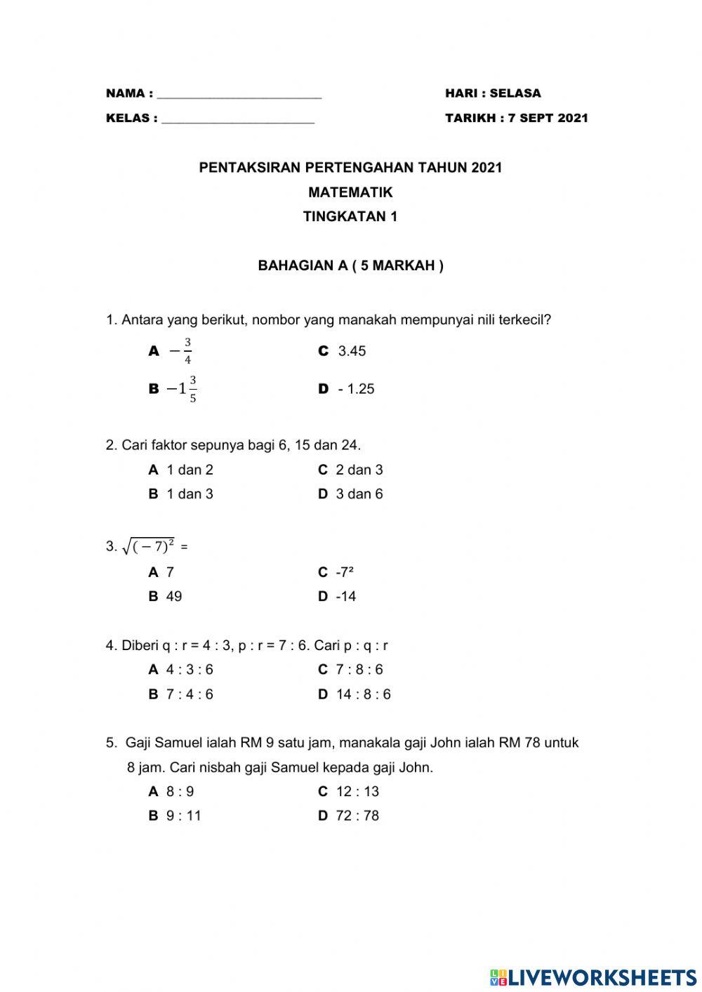 Ujian penilaian pertengahan tahun matematik ting 1 2021