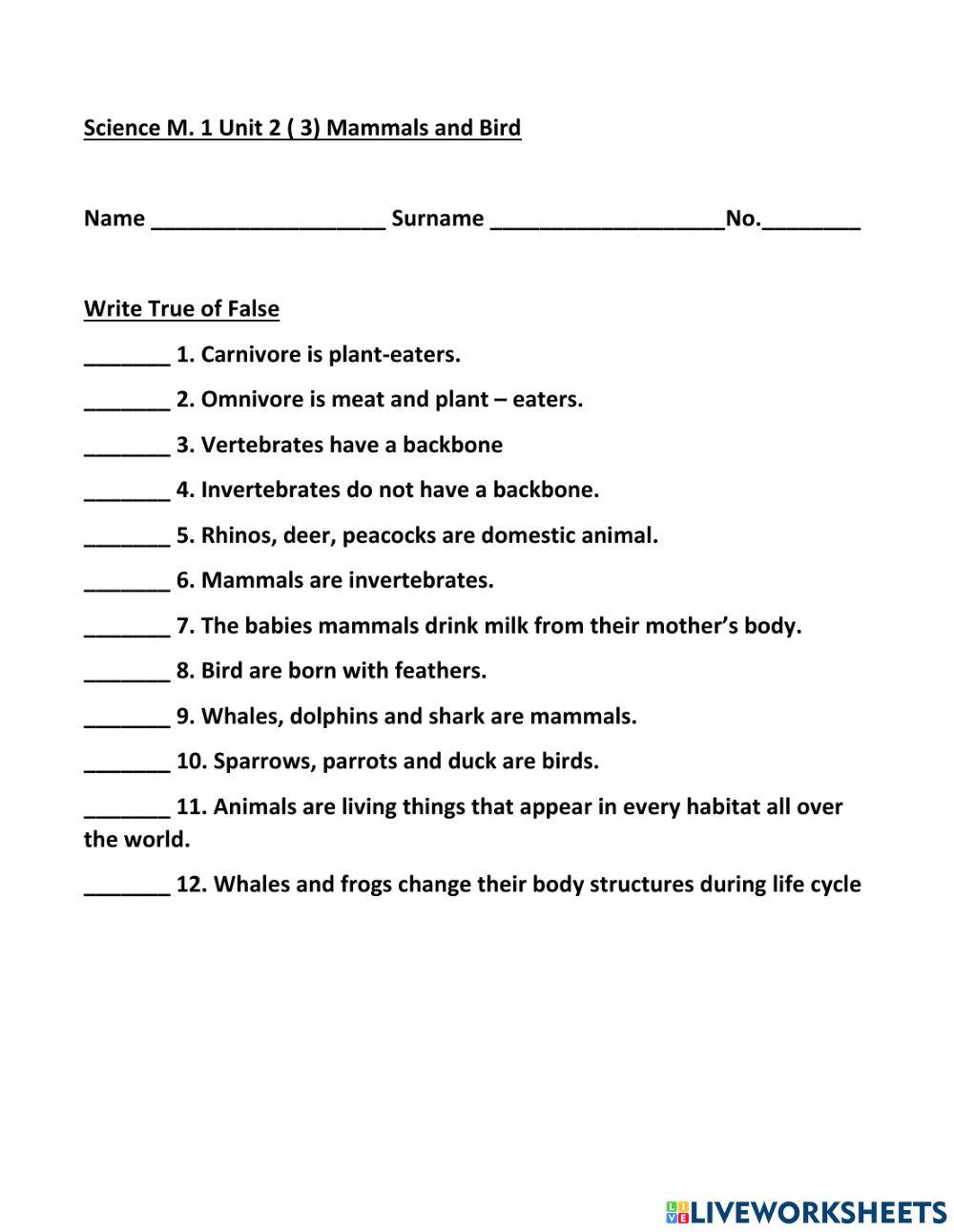 Exercise Mammal M. 1 unit 2 ( 3)