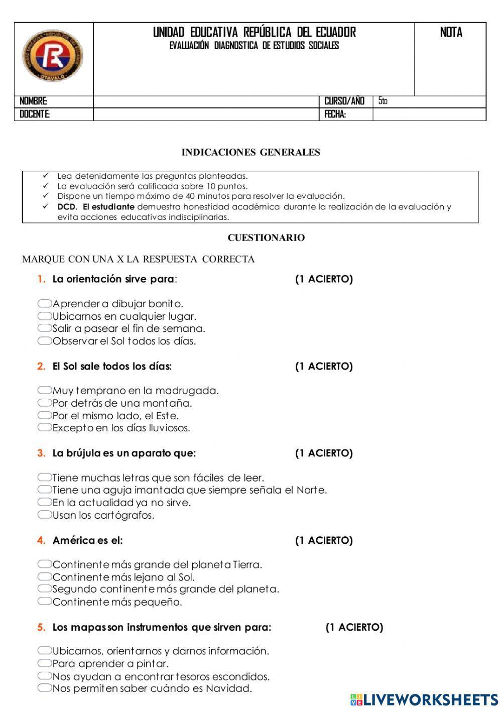 Evaluación diagnóstica de estudios sociales
