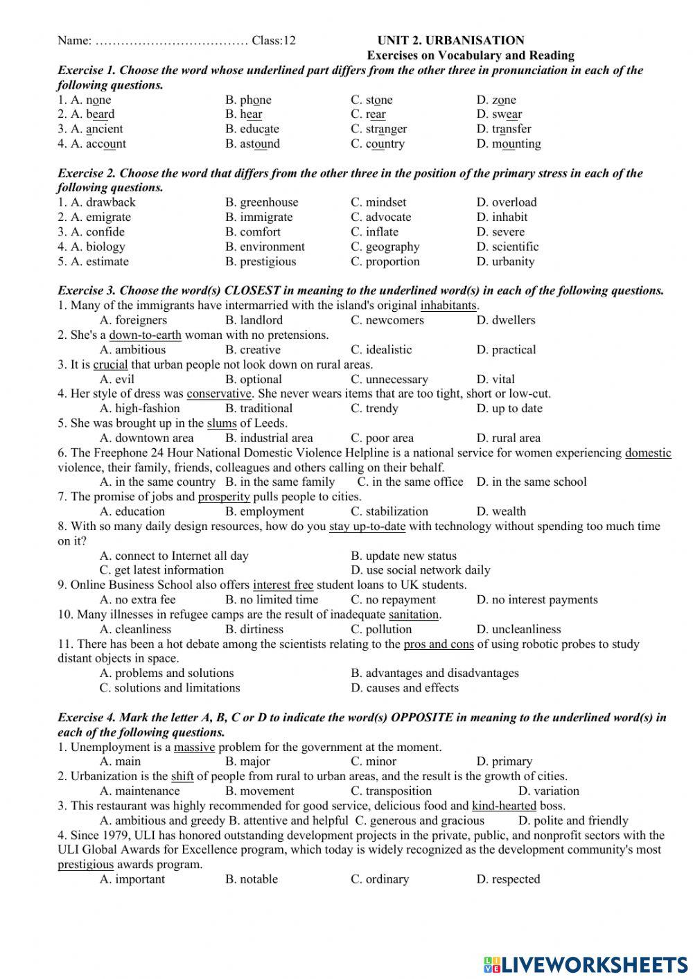 Grade 12 unit 2 URBANIZATION  vocabulary