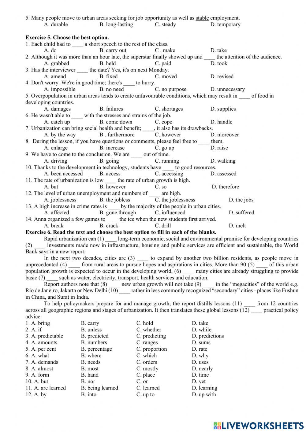 Grade 12 unit 2 URBANIZATION  vocabulary