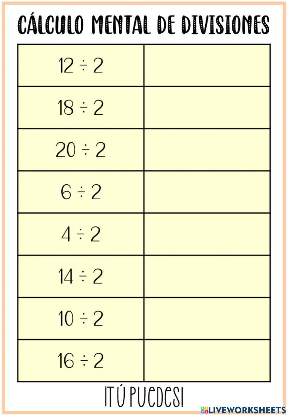 Cálculo mental divisiones (entre 2)