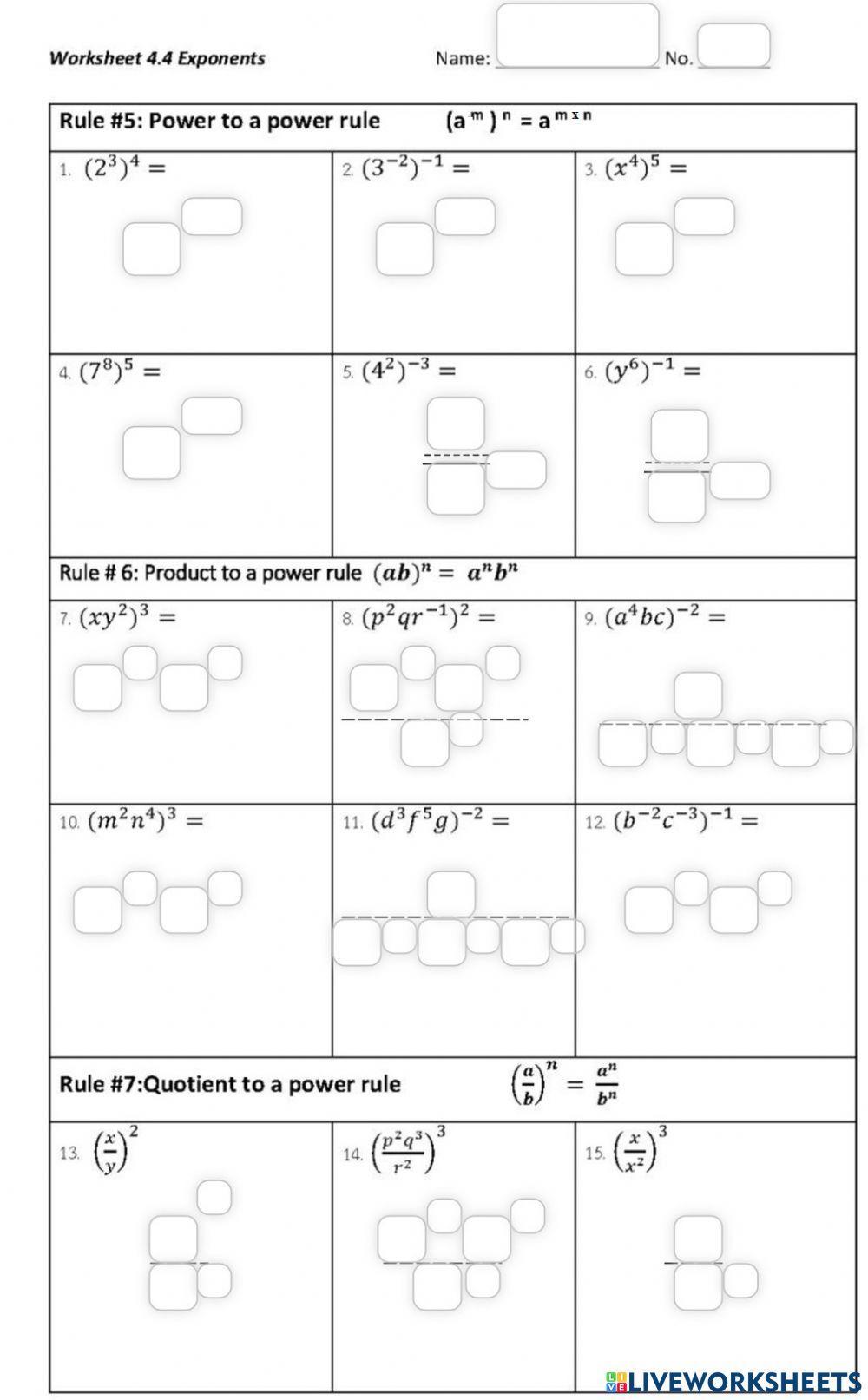 Worksheet 4.4  Exponents ( rules 5 -7 )