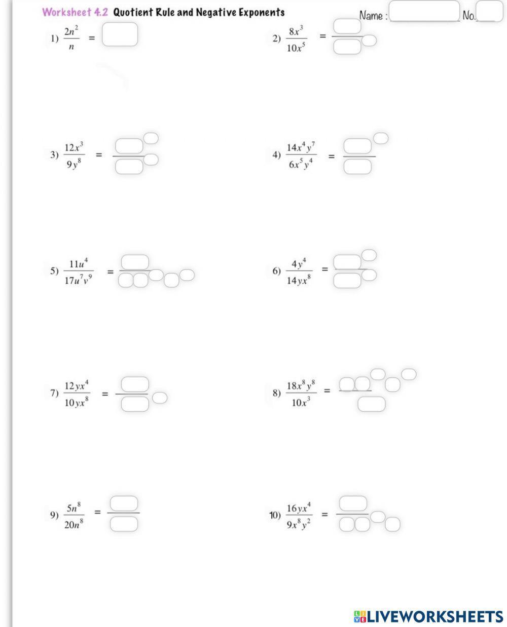 Worksheet 4.2 Quotient Rule and Negative Exponents