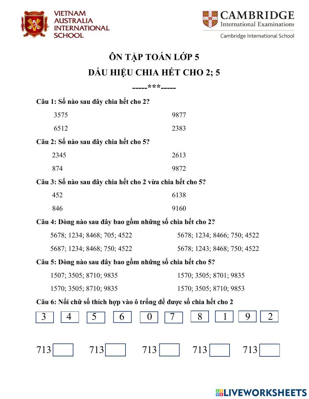 Dấu hiệu chia hết cho 2- 5