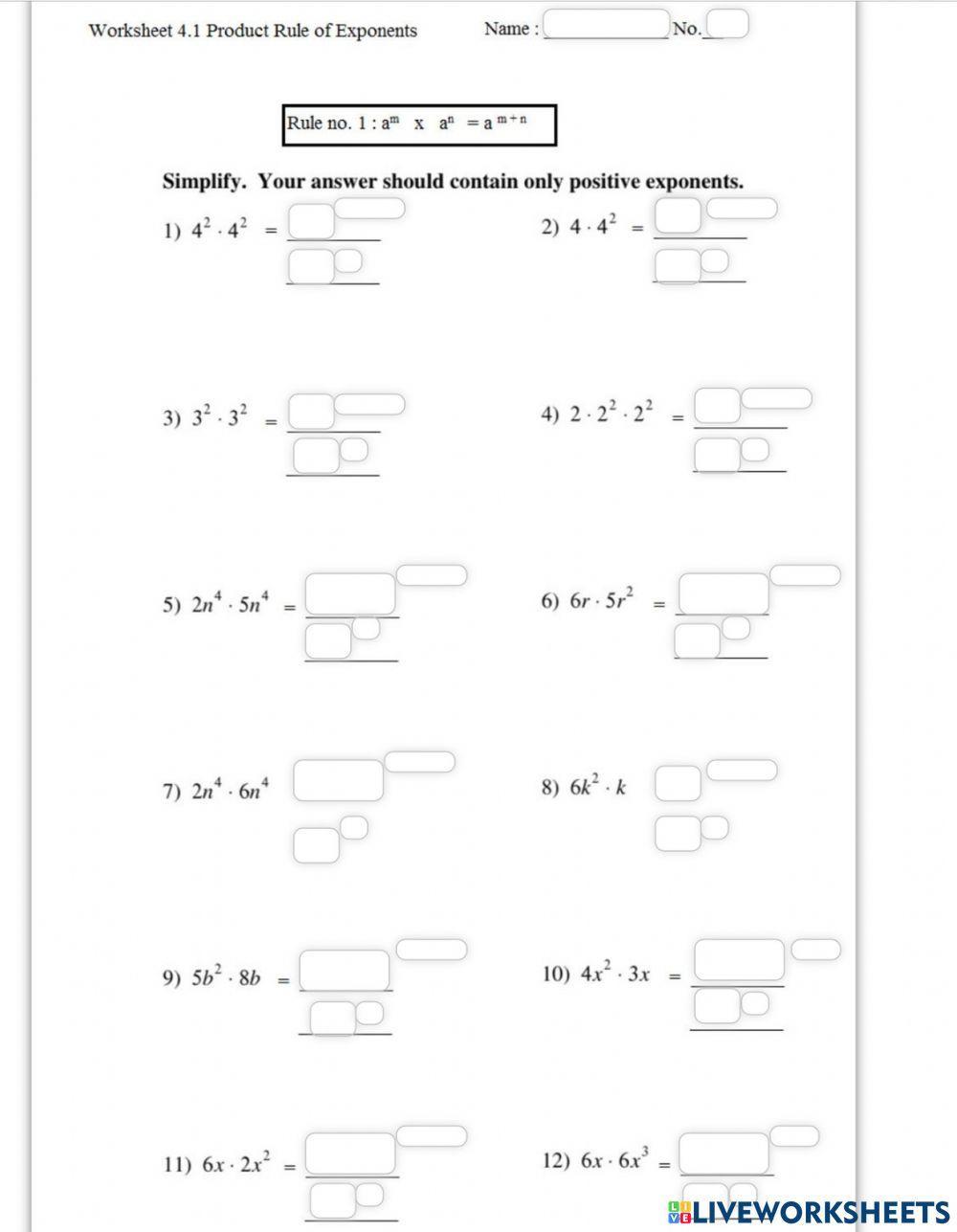Worksheet 4.1 Product rule of exponents