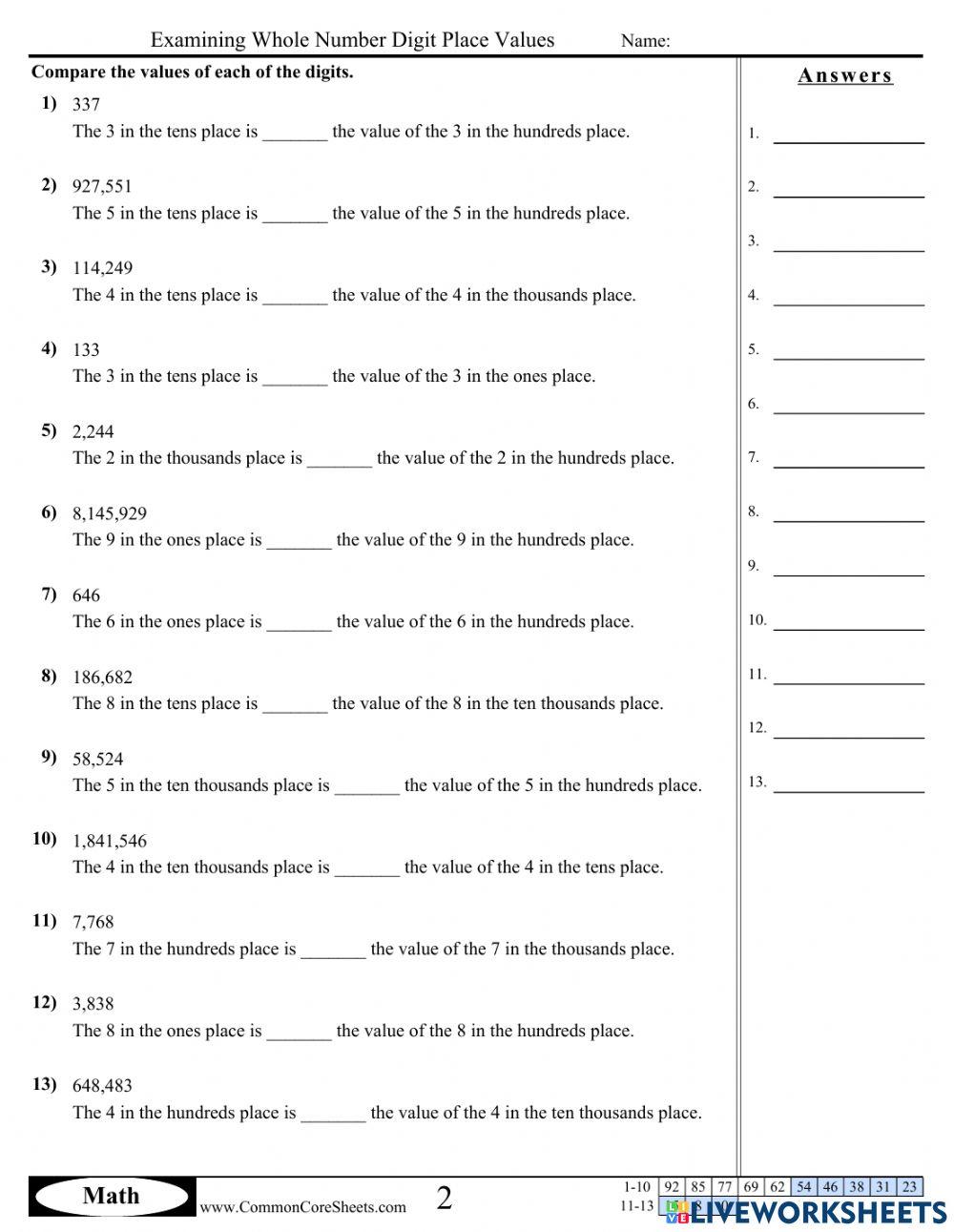 Examining whole number digit place values worksheet 2
