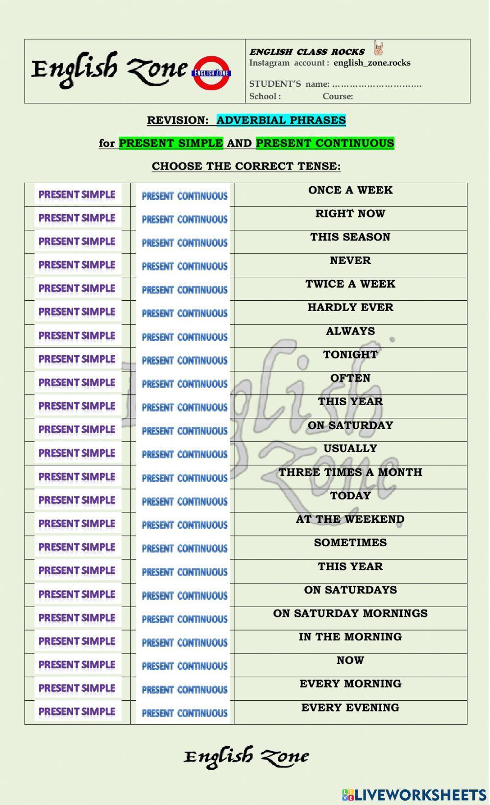 Adverbial phrases - present tenses