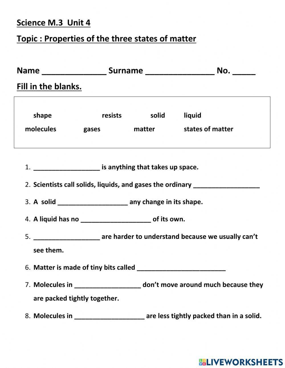 Properties of the three states of matter