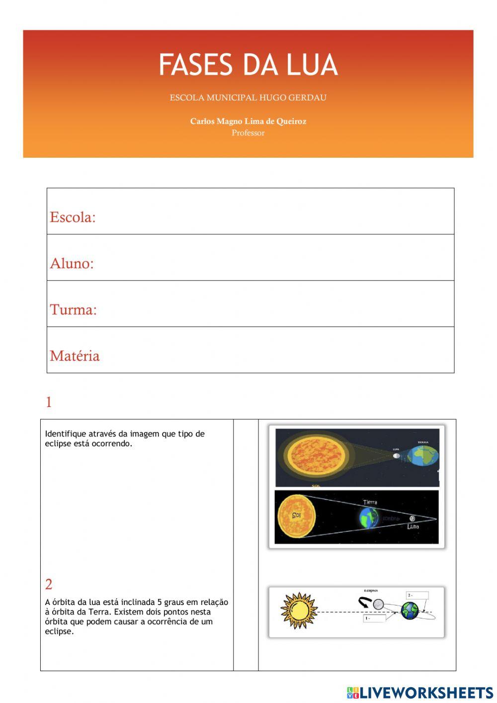 Fases da lua interactive exercise live worksheets