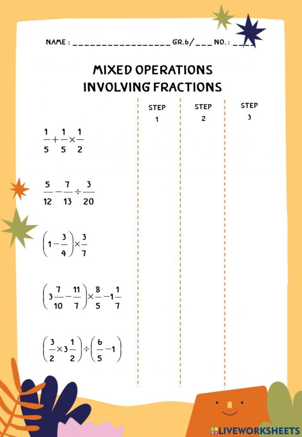 Mixed Operations involving fractions worksheet | Live Worksheets mixed-operations-involving-fractions-worksheet-live-worksheets
