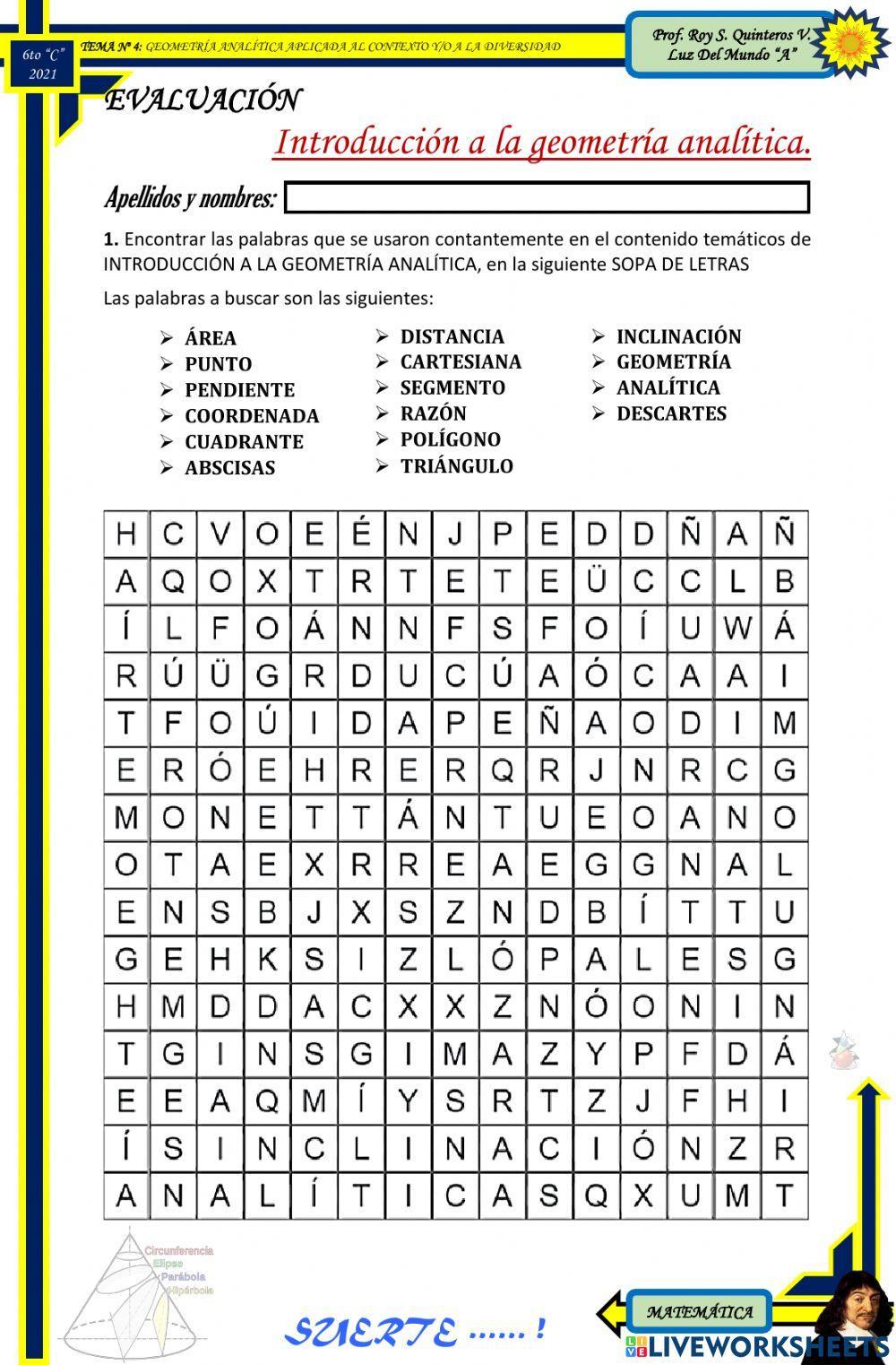 EVALUACIÓN, Introducción a la Geometría Analítica