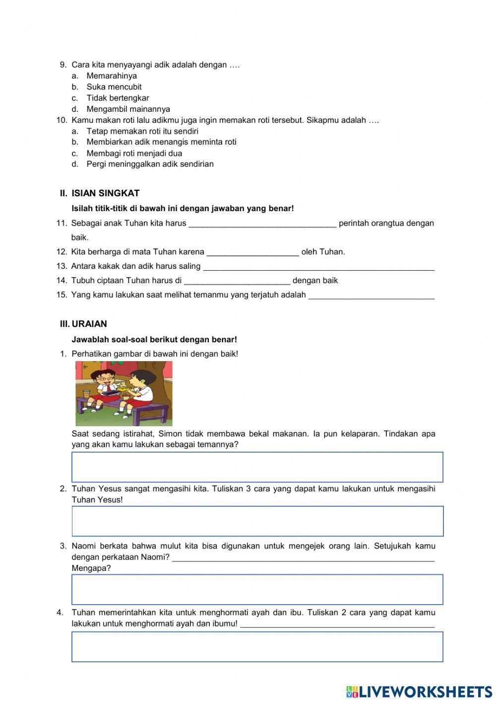 Evaluasi Agama Kristen kelas 1