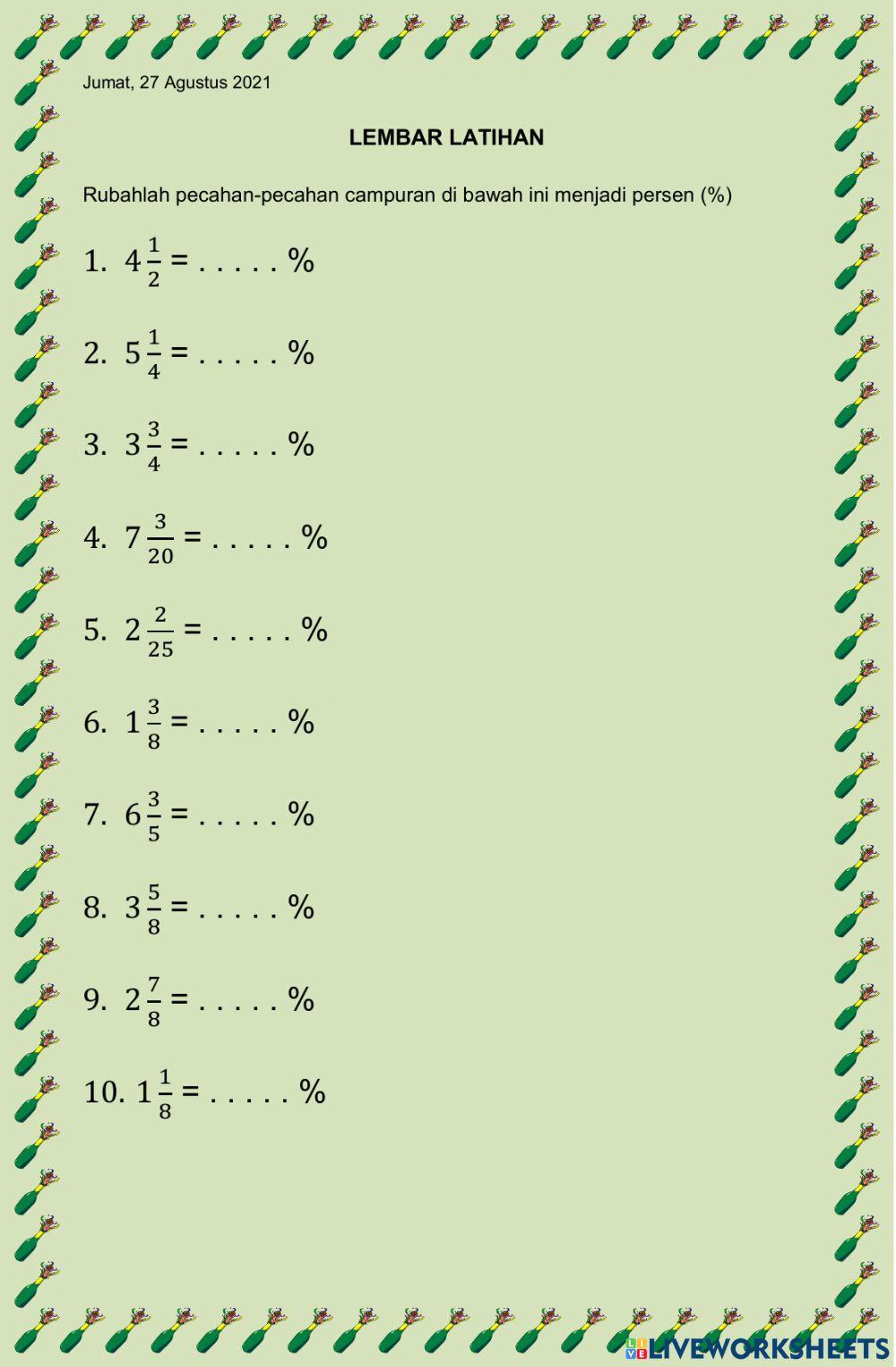 Latihan pecahan campuran menjadi pecahan persen