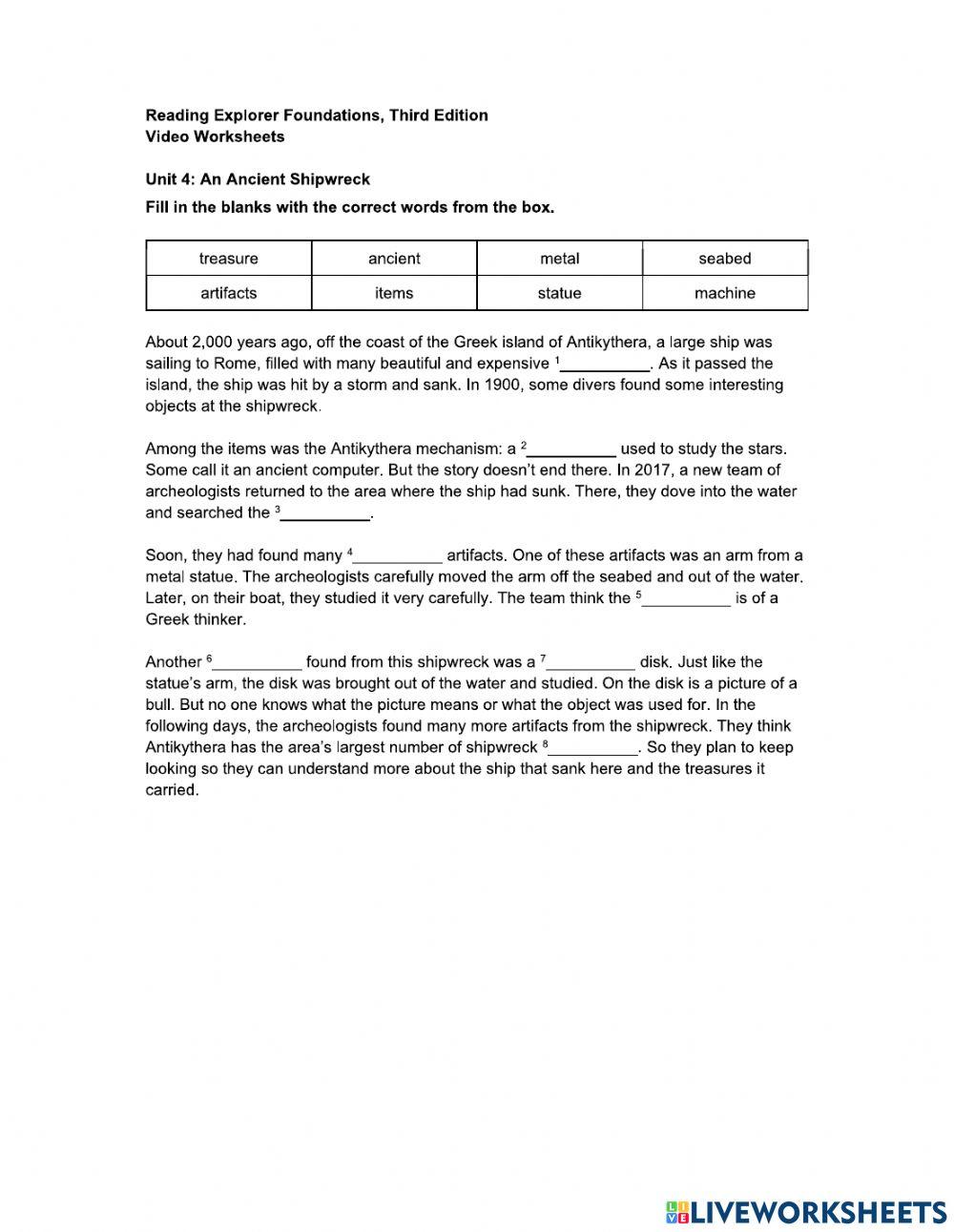 An Ancient Shipwreck -Video Worksheet