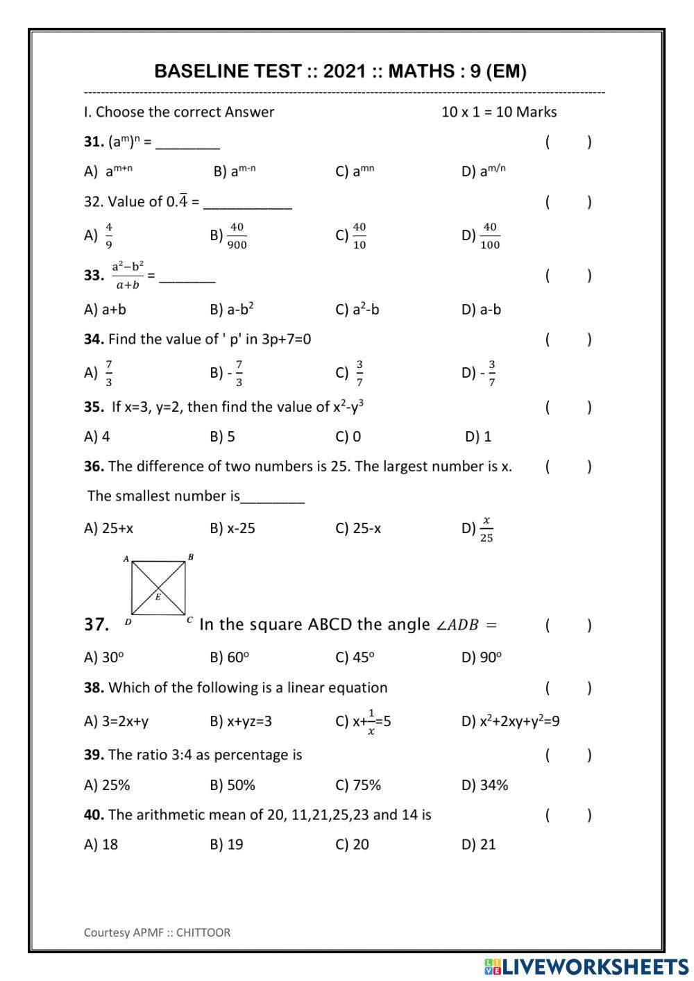 Class 7 th baseline test JRG - GGP