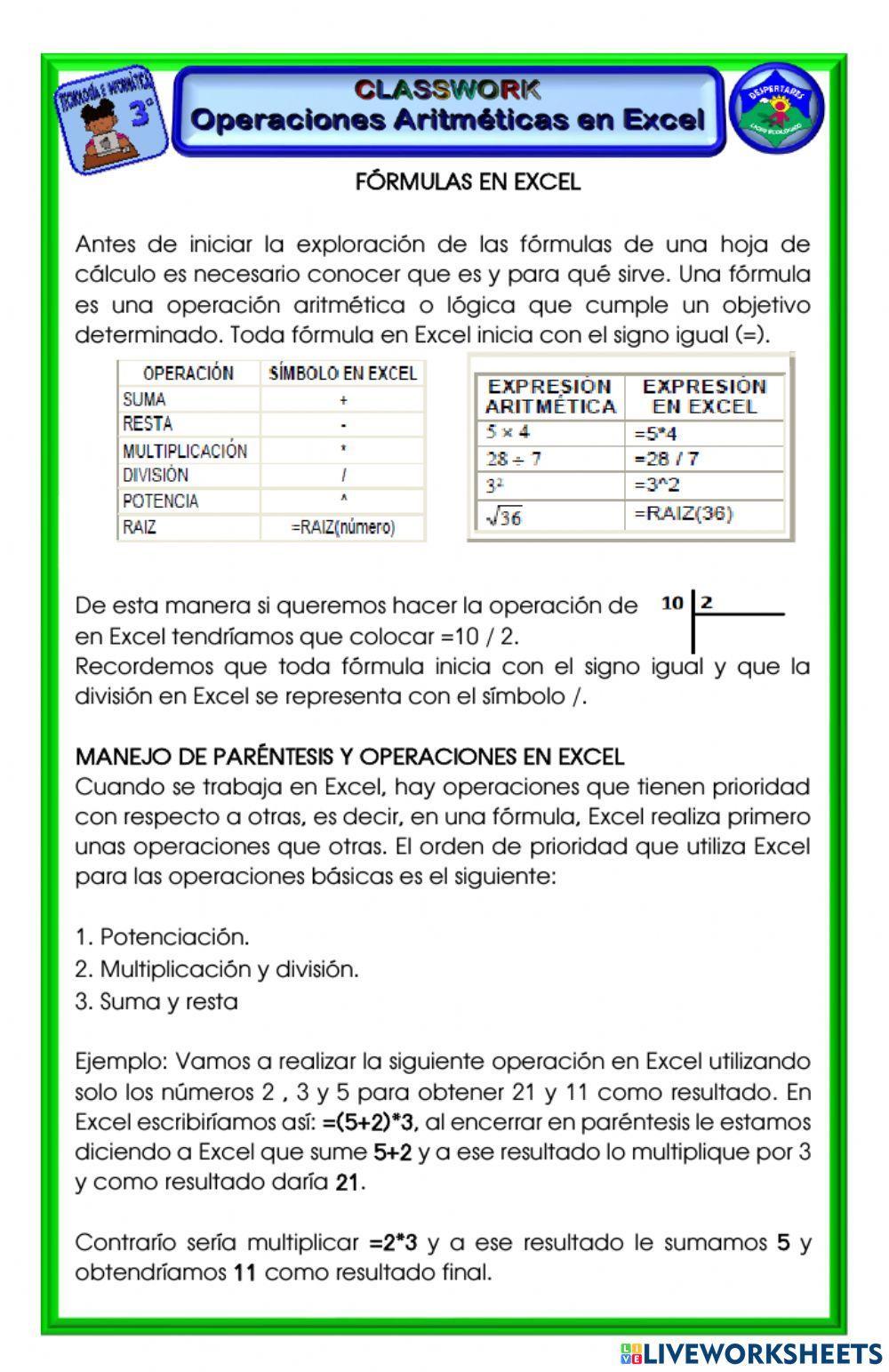 Operaciones Aritméticas en Excel