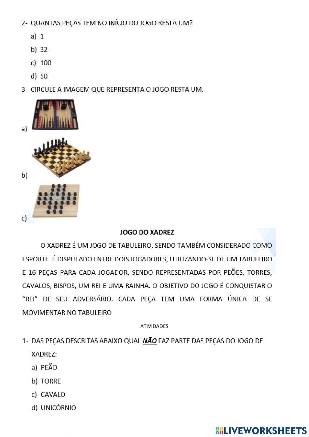 Jogo de tabuleiro - xadrez worksheet