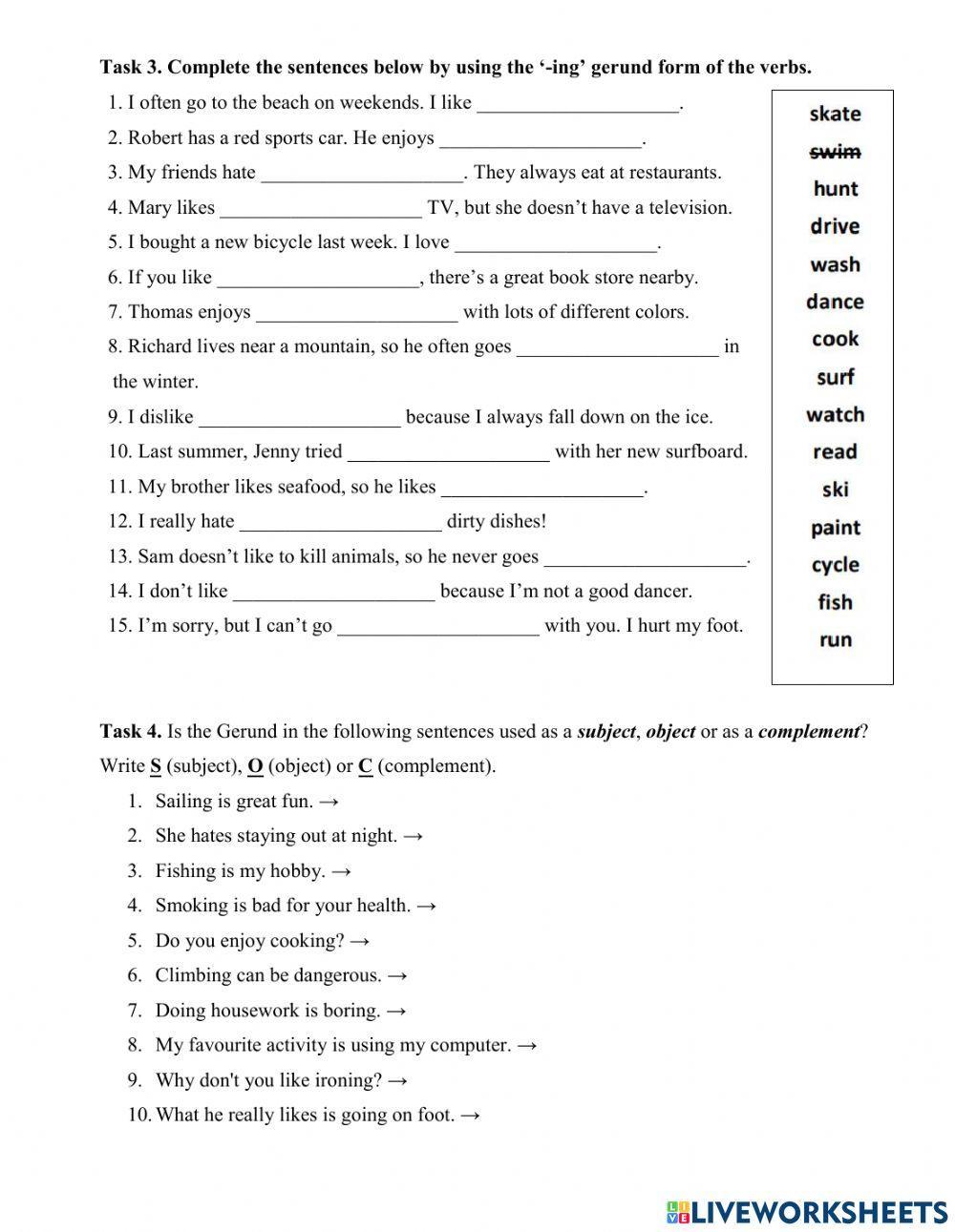 Gerunds as subject, object and complement