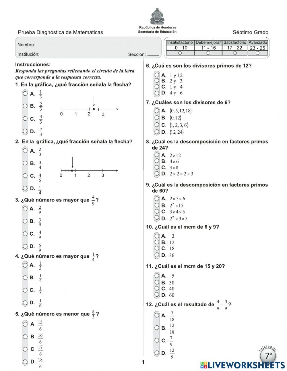 Prueba Diagnóstica 7mo Grado