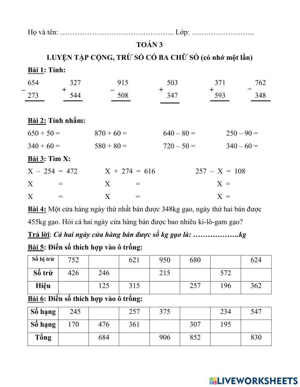 Luyện tập cộng trừ số có 3 chữ số