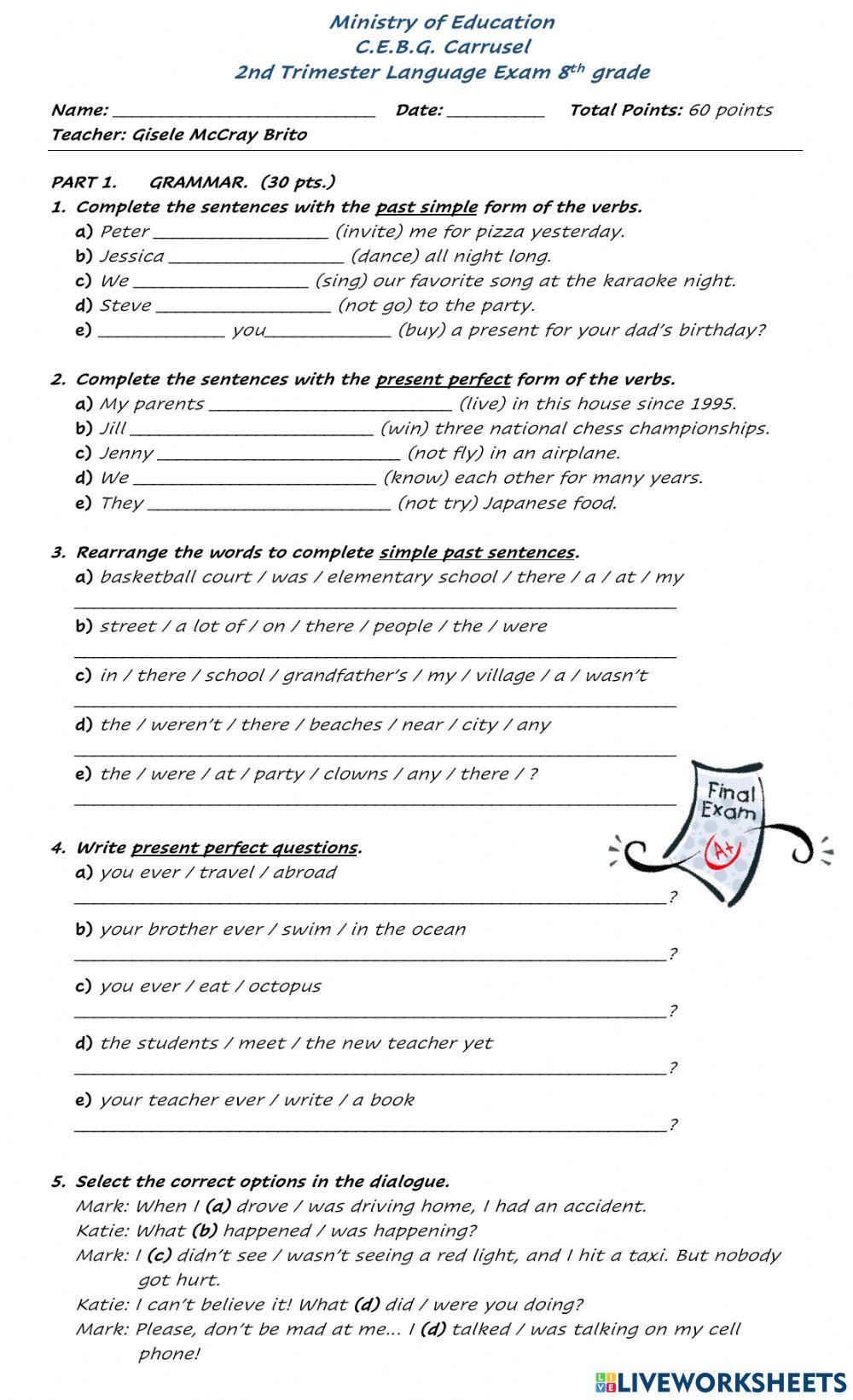 Grade 8th Language Test (2nd Term 2021)