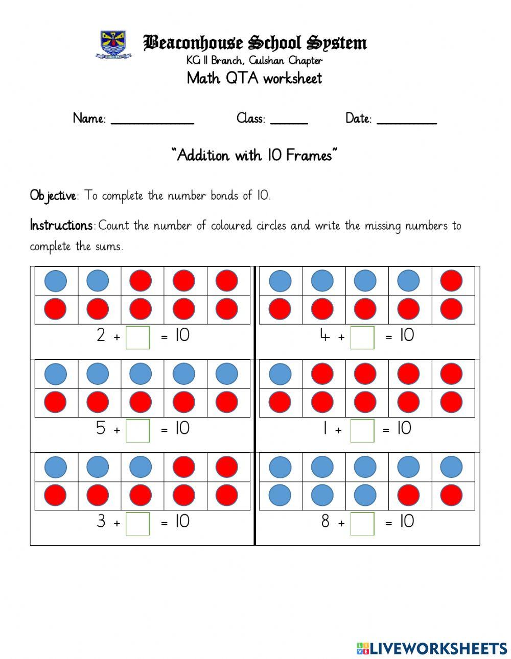 Addition with 10 frames worksheet | Live Worksheets