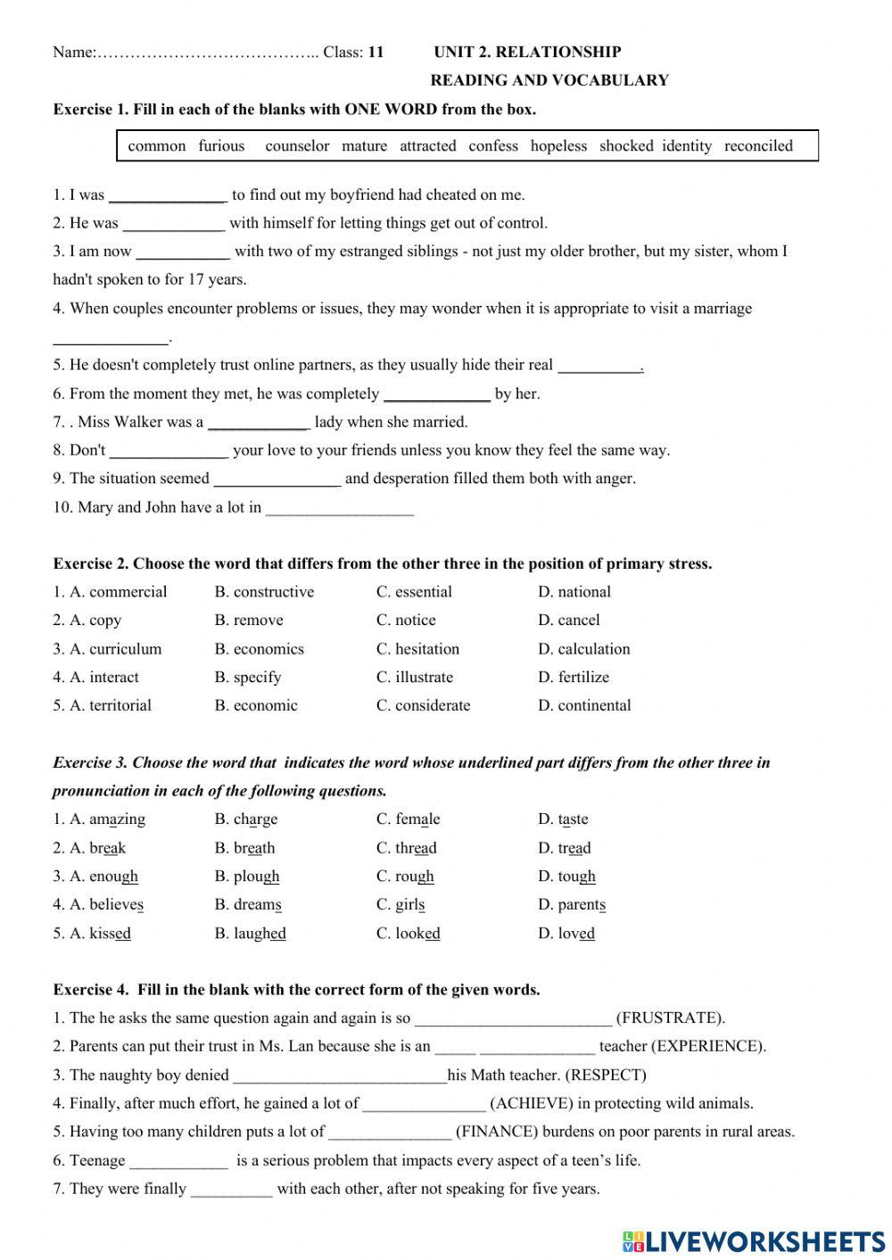 Grade 11 Unit 2 RELATIONSHIP