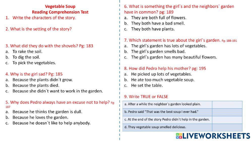 Reading comprehension: Vegetable Soup