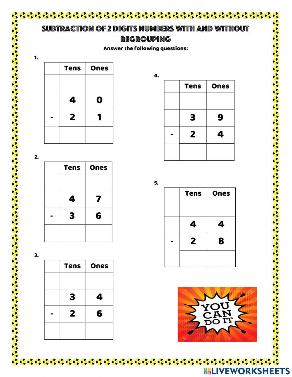 Subtraction 2 digits with and without regrouping