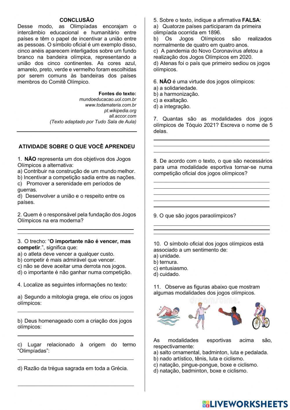 Avaliação de Educação física - Olimpíadas worksheet