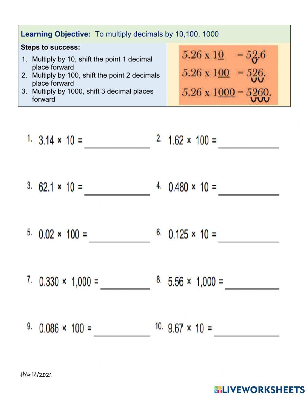 MULTIPLY DECIMALS BY 10 100 1000 Online Exercise For Live Worksheets multiply-decimals-by-10-100-1000-online-exercise-for-live-worksheets