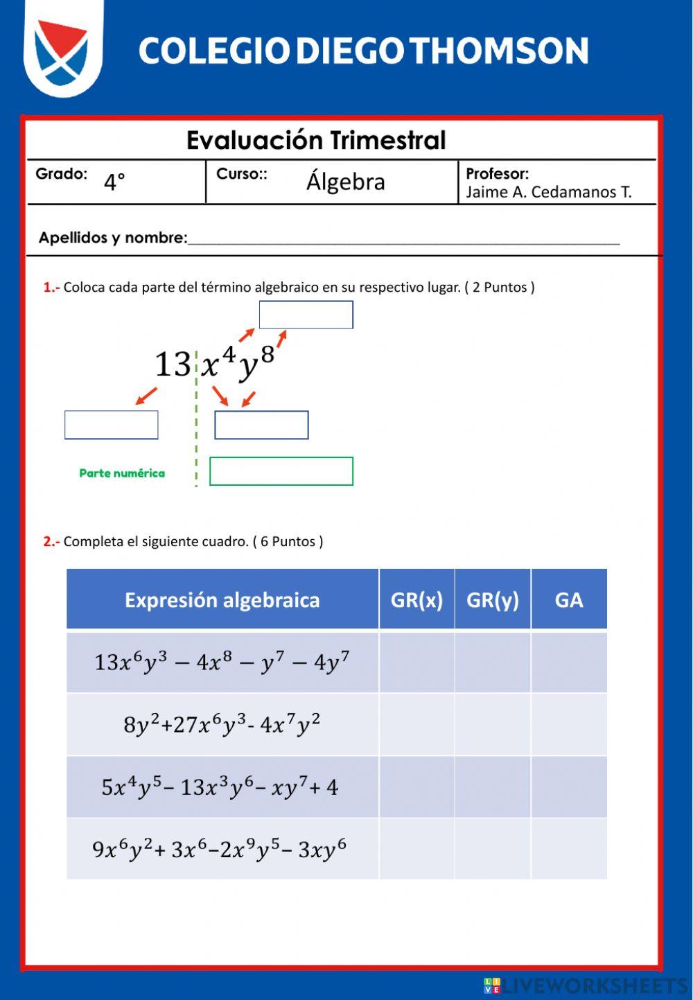 Examen agosto 4to ALGEBRA
