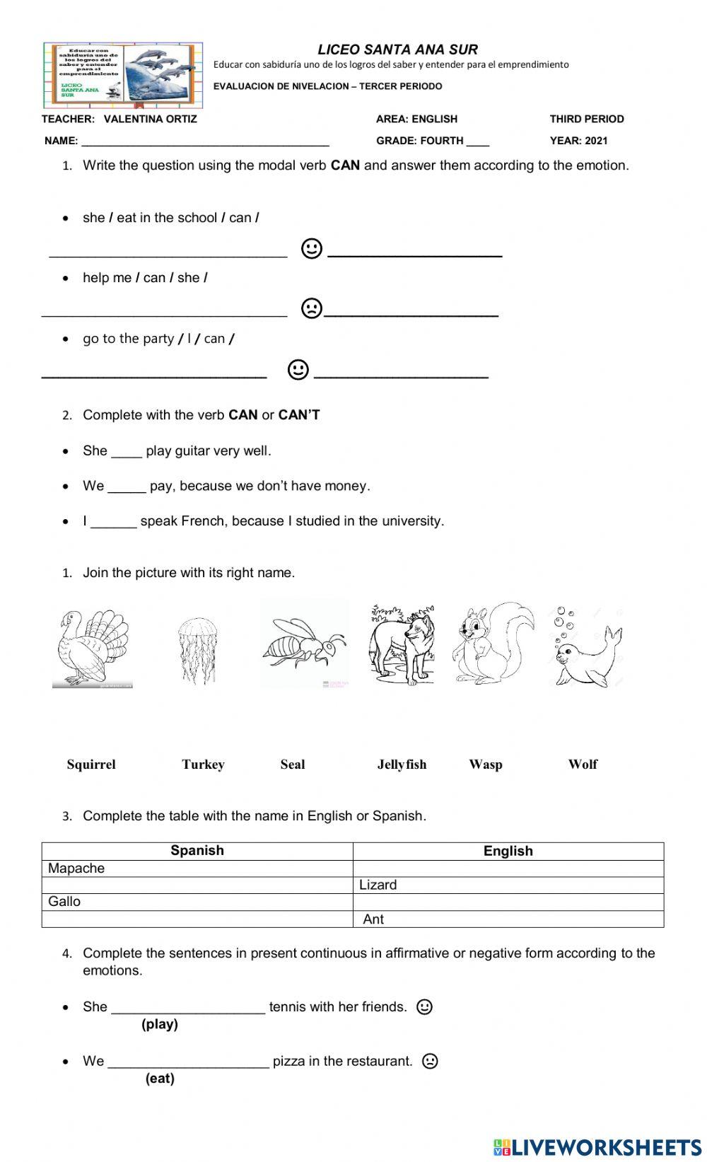 Evaluacion de nivelacion grado 4