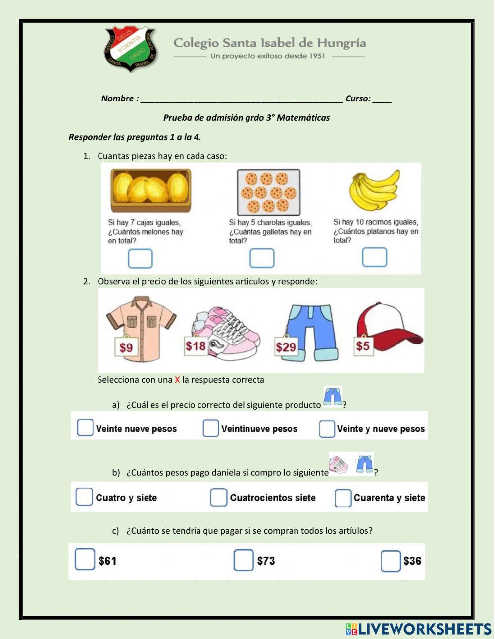 Prueba de Admisión 3° Matemáticas