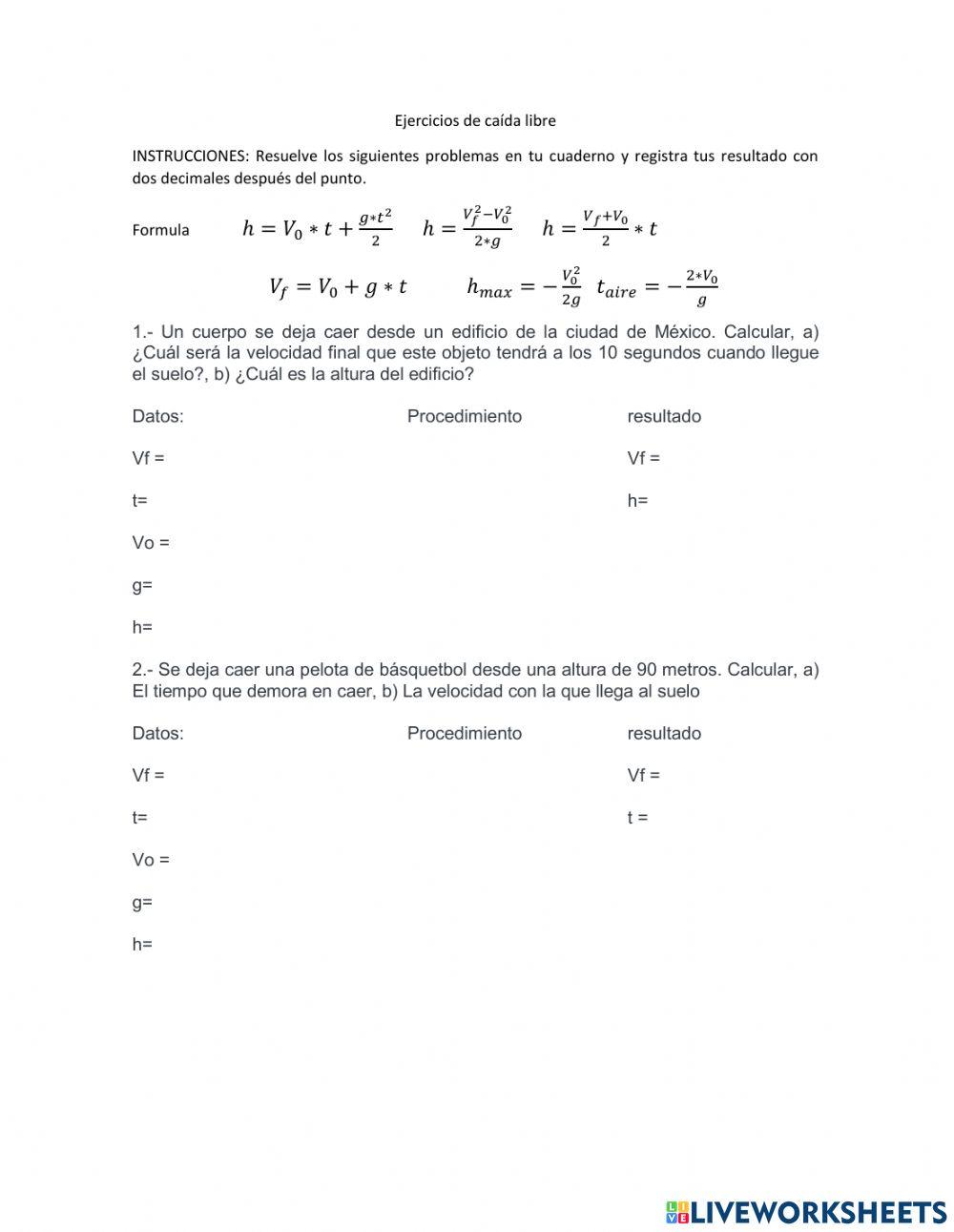 Ejercicios de caída libre